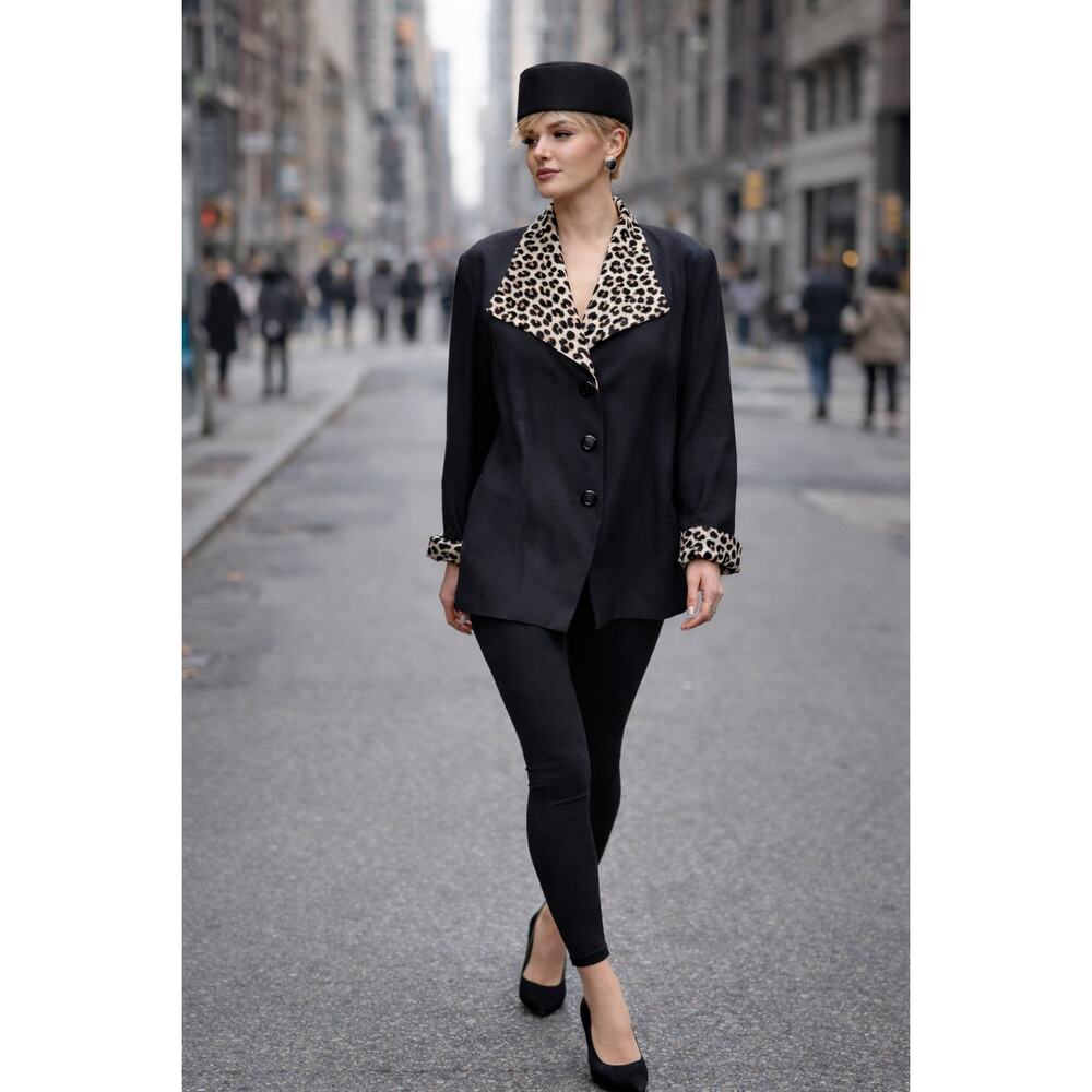 Vintage Jessica Howard Leopard Collar Jacket Blazer Black Size 16 USA 90s